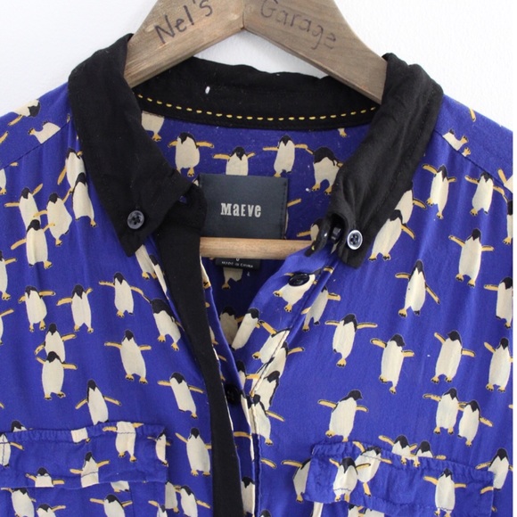 Anthropologie Maeve Penguin Retro Print Collar Button Top XS 0 - Picture 4 of 12